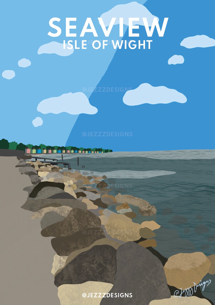 Seaview, Isle Of Wight - Digital/Graphic print. Picture of beach with beach huts.