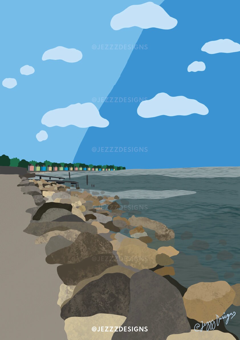 Seaview, Isle Of Wight - Digital/Graphic print. Picture of beach with beach huts.