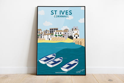 St Ives, Cornwall - Digital/graphic print of stunning beach and boats.