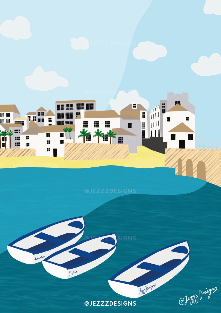 St Ives, Cornwall - Digital/graphic print of stunning beach and boats.