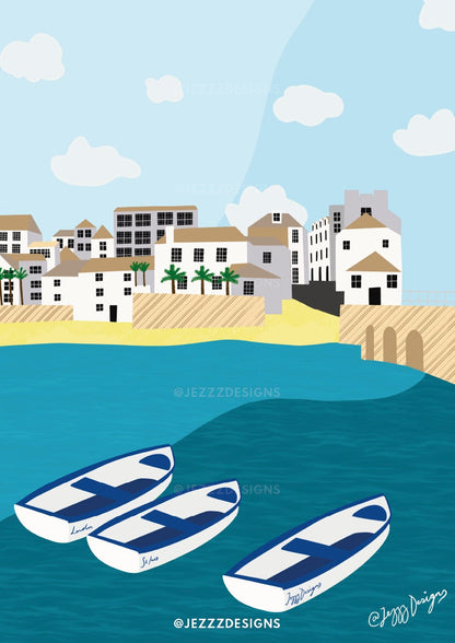 St Ives, Cornwall - Digital/graphic print of stunning beach and boats.