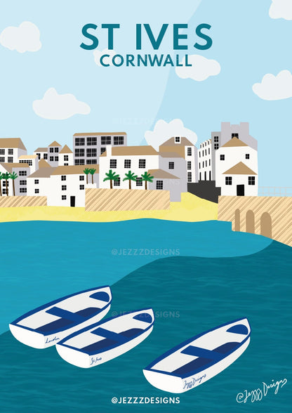 St Ives, Cornwall - Digital/graphic print of stunning beach and boats.